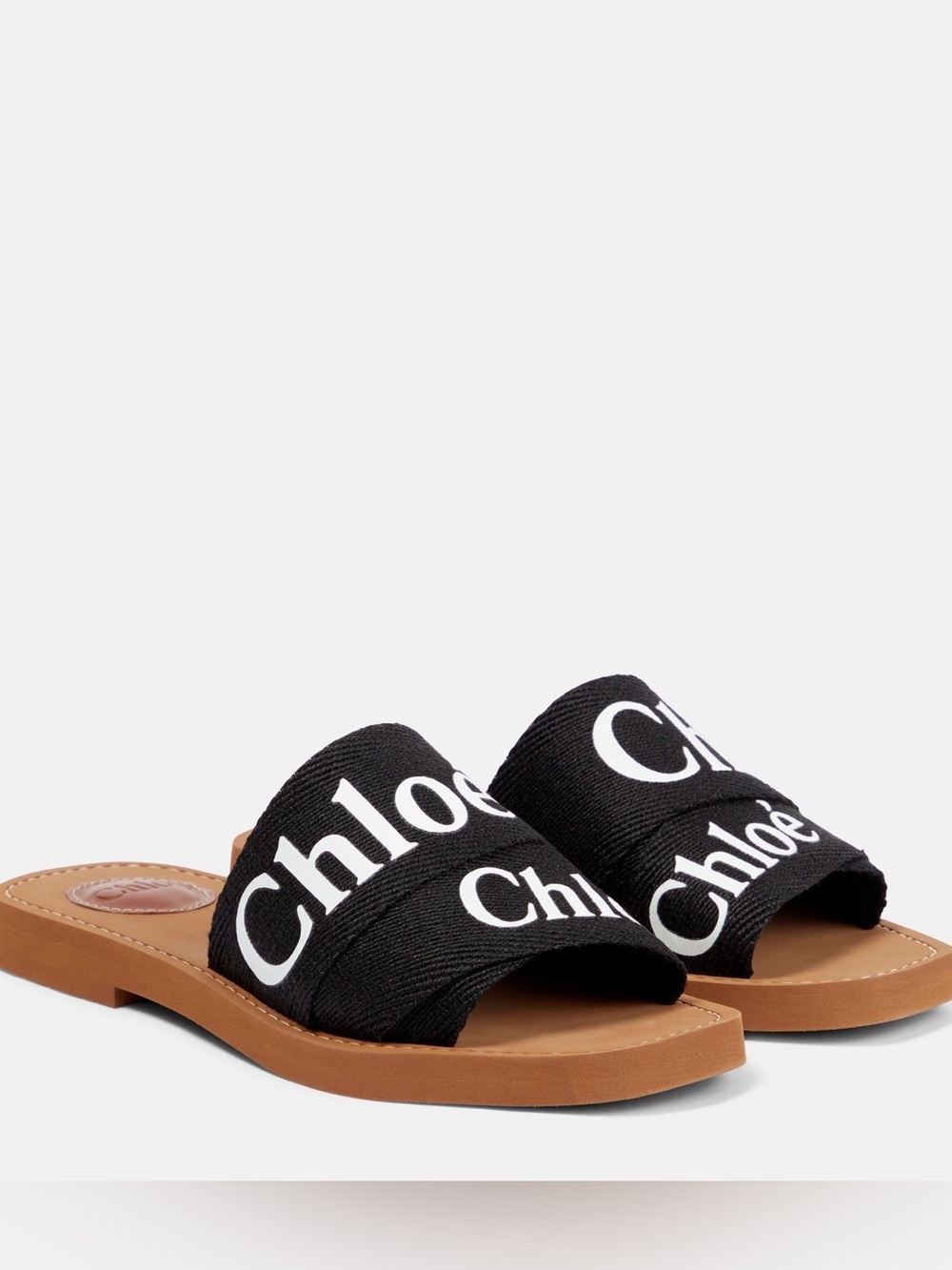 Chloé Black Logo Ribbon Slide Sandals with Tan Footbed